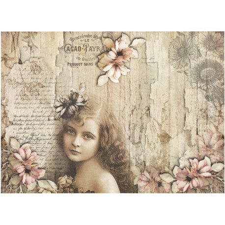 Papír rýžový A4 Dívka s květem ve vlasech, staré dřevo