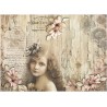 Papír rýžový A4 Dívka s květem ve vlasech, staré dřevo