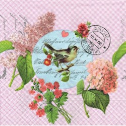 Koláž s ptáčkem, květinami a razítko 33x33