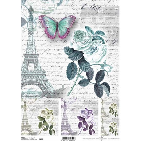 Papír rýžový A4 Růže, motýl, Eiffelovka