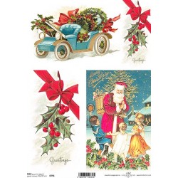 Papír rýžový A4 Modré vánoční auto, větvičky cesmíny