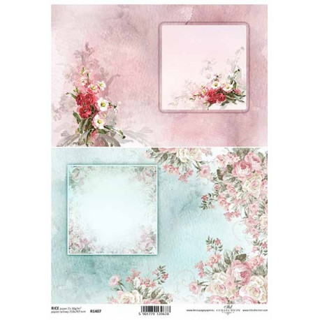 Papír rýžový A4 Dva obrázky s květinami, růžové a modré