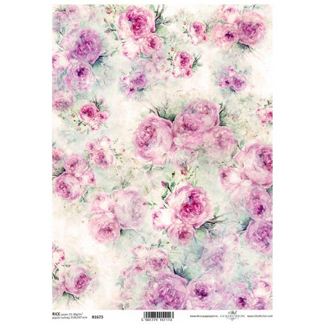 Papír rýžový A4 Shabby Chic, akvarel, růže po celé ploše