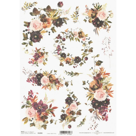 Papír rýžový A4 Akvarel, věnec, fialové a růžové květy