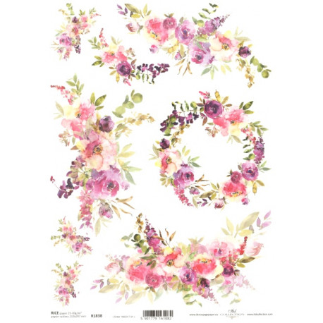 Papír rýžový A4 Akvarel, věnec, růžové květy