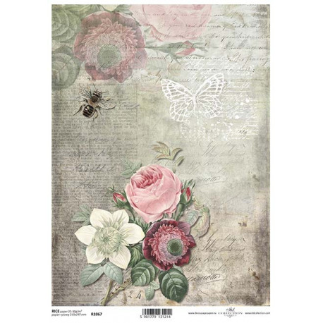 Papír rýžový A4 Květy, včelka, písmo