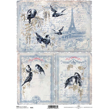 Papír rýžový A4 Tři obrázky s ptáčky v béžovomodré