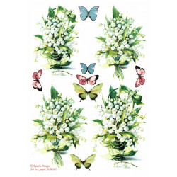 Papír rýžový A4 Konvalinkové kytice s motýly II Aquita