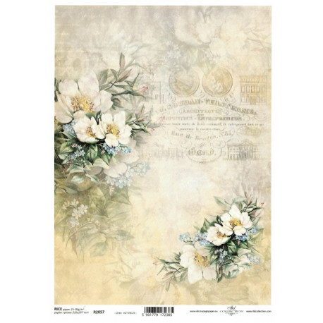 Papír rýžový A4 Pošta v bílém - pomněnky, ovocné květy