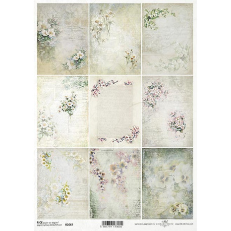 Papír rýžový A4 Pošta v bílém I - ovocné květy, konvalinky, macešky, písmo