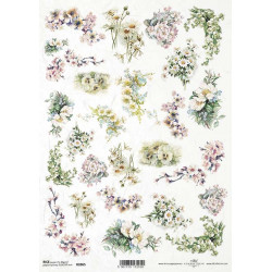 Papír rýžový A4 Pošta v bílém -kytičky z květů, konvalinky, macešky, písmo