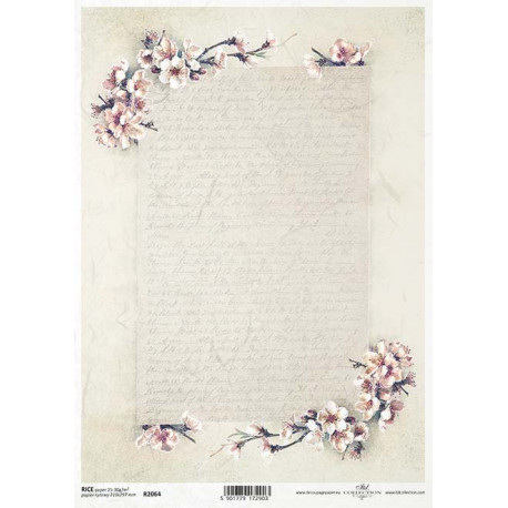 Papír rýžový A4 Pošta v bílém -ovocné květy, písmo