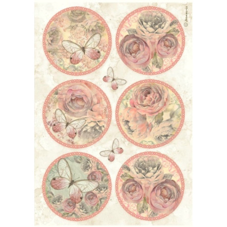 Papír rýžový A4 Shabby Rose, 6 kulatých obrázků