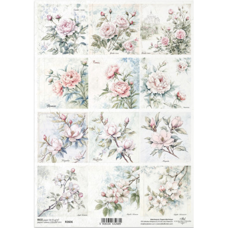 Papír rýžový A4 Květiny ve stylu shabby chic, růže, pivoňky