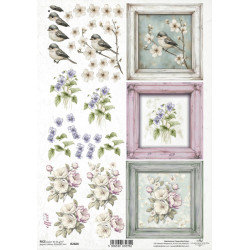 Papír rýžový A4 Květiny ve stylu shabby chic, rámečky 3D I.