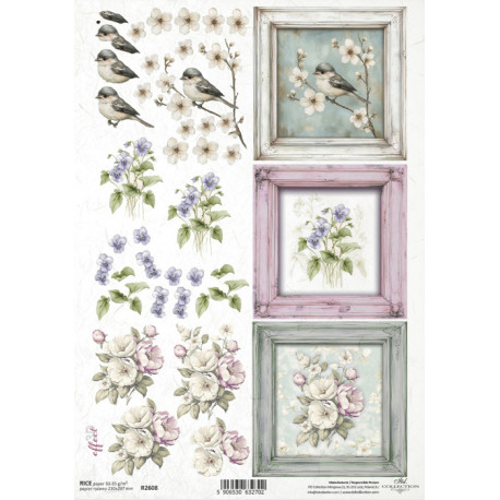 Papír rýžový A4 Květiny ve stylu shabby chic, rámečky 3D I.