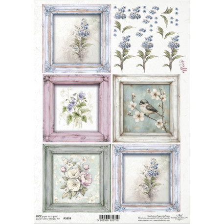 Papír rýžový A4 Květiny ve stylu shabby chic, rámečky 3D II.