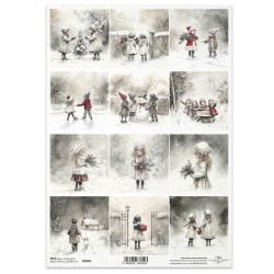 Papír rýžový A4 Zimní pohádka, černobílé malé obrázky s barevným motivem