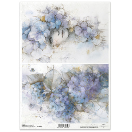 Papír rýžový A4 Zahrada múz, dívčí tvář v modrých hortenziích Papír rýžový A4 Zahrada múz, dívčí tvář v modrých hortenziích