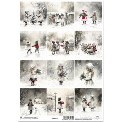 Scrap.papír A4 Zimní pohádka, černobílé malé obrázky s barevným motivem