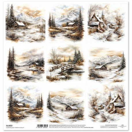 Zimní pohádka, krajina v sépiové II. - scrap.papír 31x32cm (ITD)