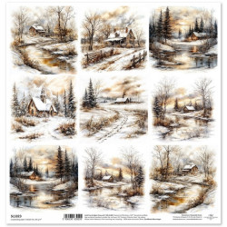 Zimní pohádka, krajina v sépiové I. - scrap.papír 31x32cm (ITD)