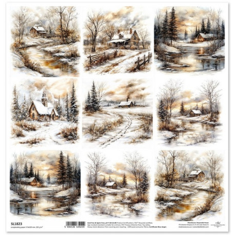 Zimní pohádka, krajina v sépiové I. - scrap.papír 31x32cm (ITD)