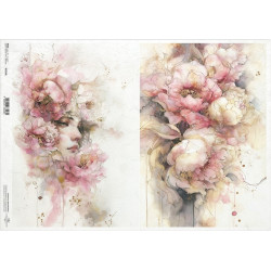 Papír rýžový A3 Zahrada múz, dívčí tvář v růžových pivoňkách