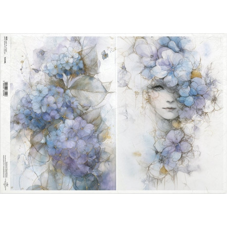 Papír rýžový A3 Zahrada múz, dívčí tvář v modrých hortenziích
