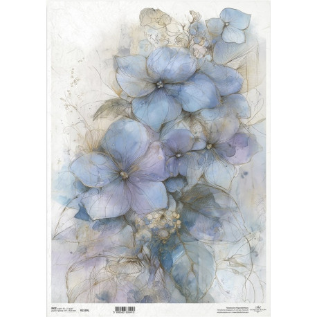 Papír rýžový A3 Zahrada múz, modré hortenzie