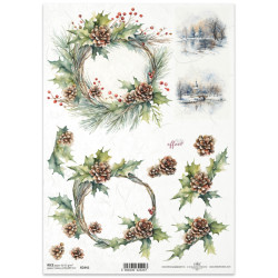 Papír rýžový A4 Zimní věnec 3D, šišky