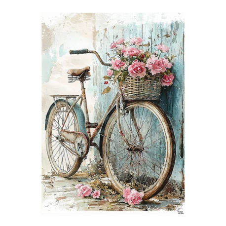 Papír rýžový A5 Vintage styl, kolo s košíkem růží