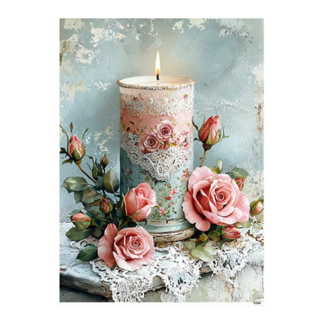 Papír rýžový A5 Vintage styl, svíčka mezi růžemi