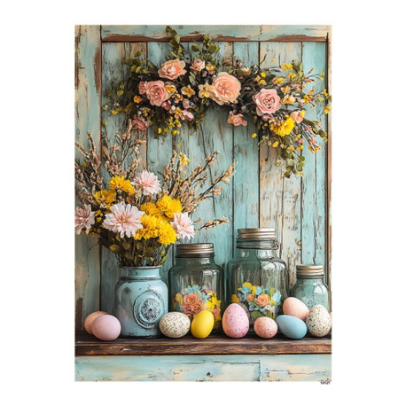 Papír rýžový A5 Rustikální styl, kraslice a girlanda z růží