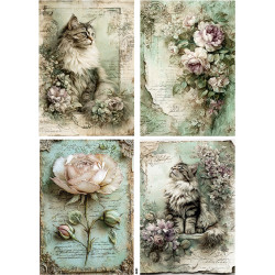 Papír rýžový A4 Viktoriánský styl, obrázky s kočkami