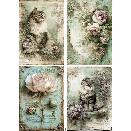 Papír rýžový A4 Viktoriánský styl, obrázky s kočkami