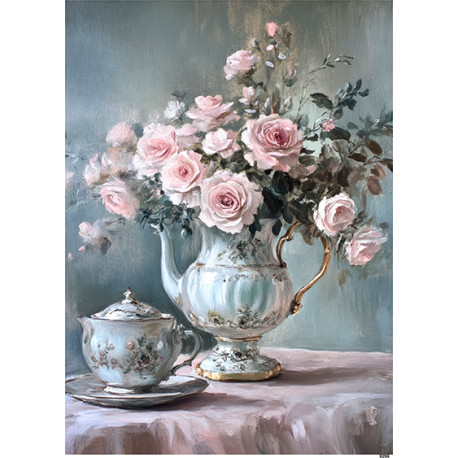 Papír rýžový A4 Pastelový vintage styl, kytice růží v konvici