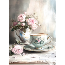 Papír rýžový A4 Pastelový vintage styl, šálek a kytička růží