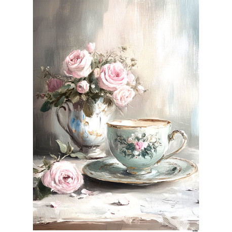 Papír rýžový A4 Pastelový vintage styl, šálek a kytička růží