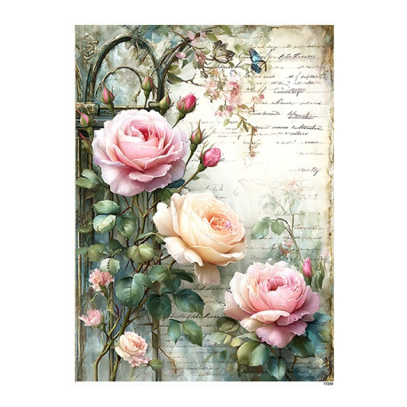 Papír rýžový A5 Shabby chic, růžové a krémové růže