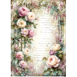 Papír rýžový A4 Shabby chic, růžové a krémové růže na pergole