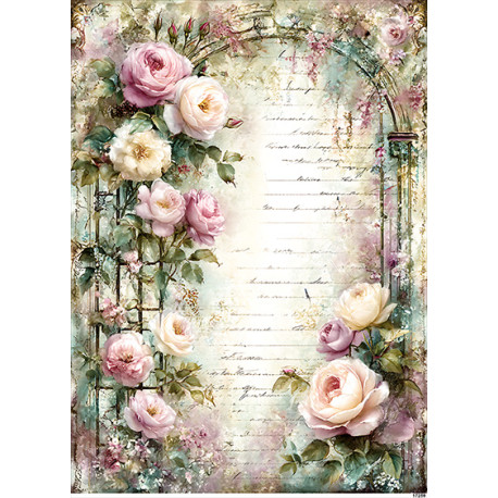 Papír rýžový A4 Shabby chic, růžové a krémové růže na pergole