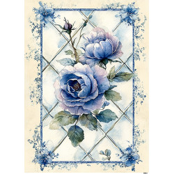 Papír rýžový A4 V modrém, růže na mřížce