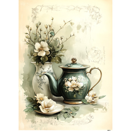 Papír rýžový A4 Shabby Chic v zelené, čajová konvice