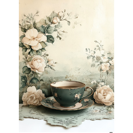 Papír rýžový A4 Shabby Chic v zelené, šálek čaje
