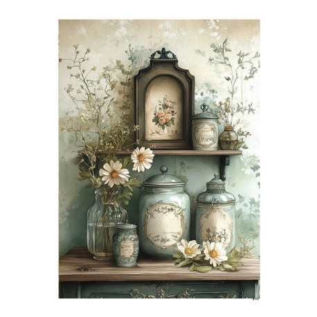 Papír rýžový A5 Shabby chic v zelené, keramické dózy
