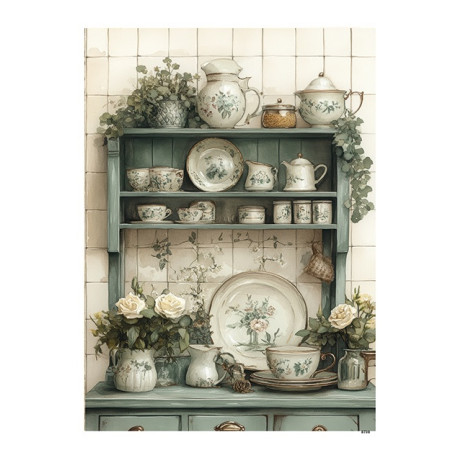 Papír rýžový A5 Shabby chic v zelené, kuchyňská police