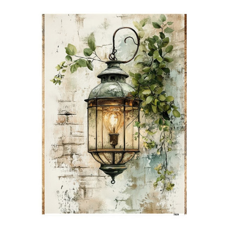 Papír rýžový A5 Shabby chic v zelené, lucerna