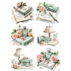 Papír rýžový A4 Láska ke knihám, zátiší s lampou