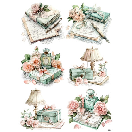 Papír rýžový A4 Láska ke knihám, zátiší s lampou